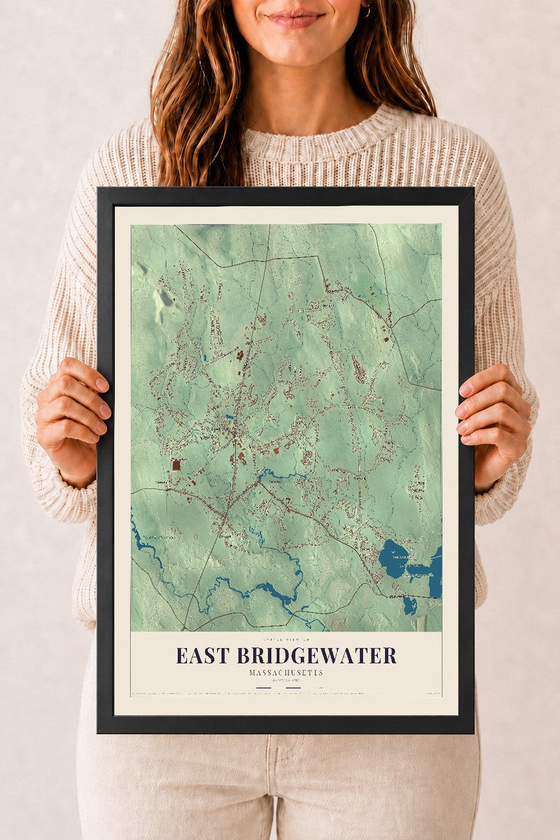 East Bridgewater, Massachusetts map print - 12 x 18 black Ayous wood frame