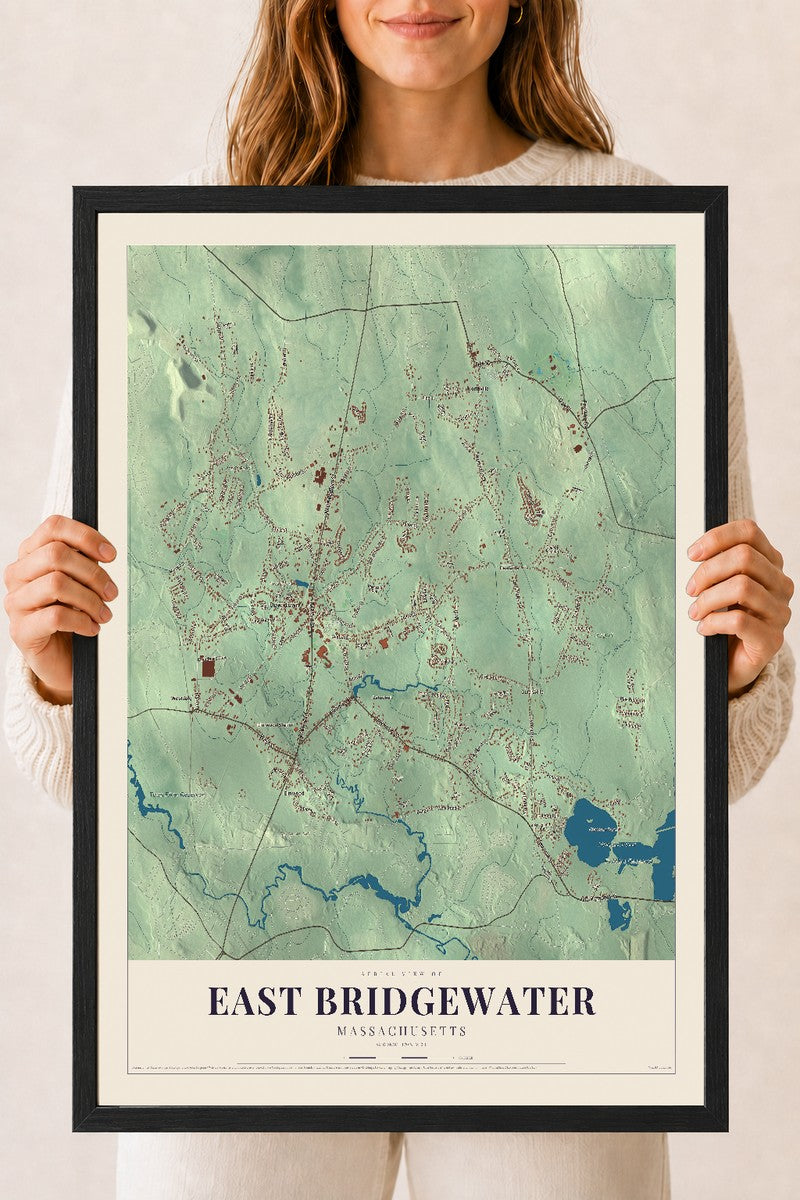 East Bridgewater, Massachusetts map print - 18 x 24 black Ayous wood frame