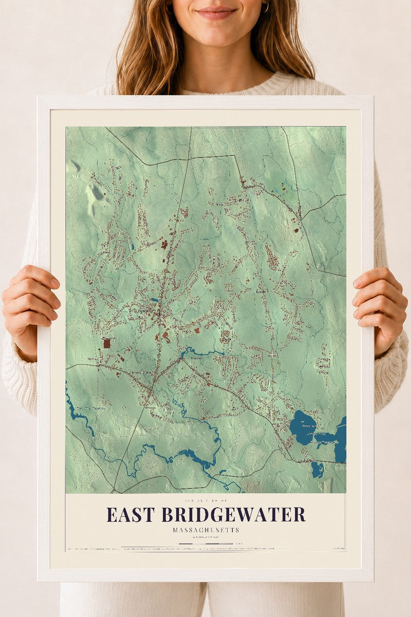 East Bridgewater, Massachusetts map print - 18 x 24 white Ayous wood frame