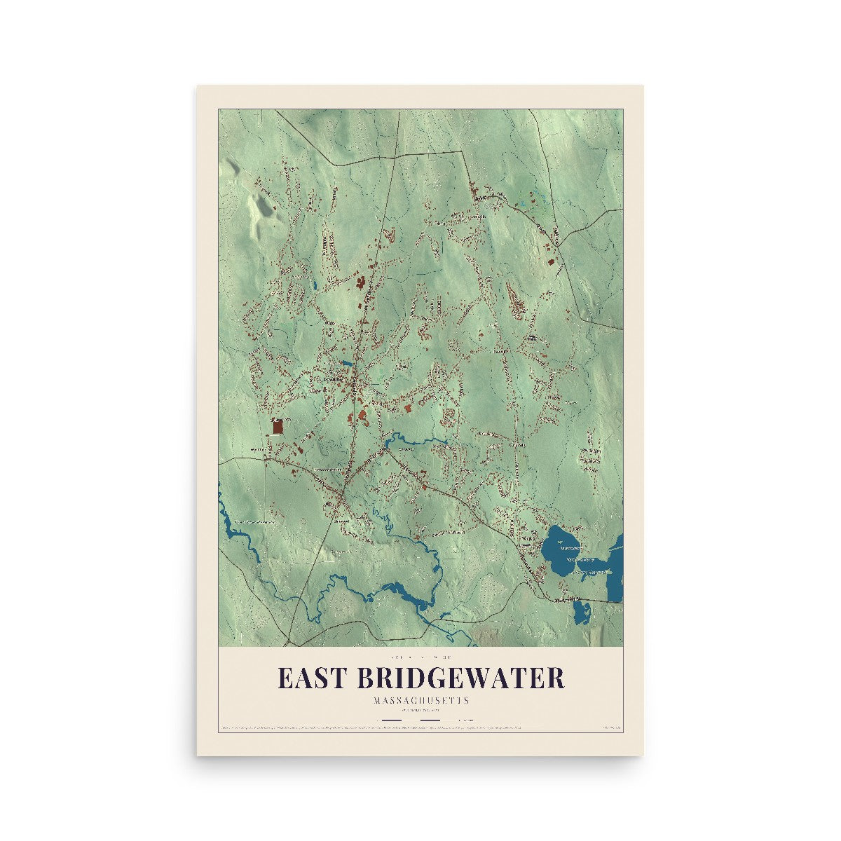 Map of East Bridgewater, Massachusetts, 12 x 18 inch unframed archival matte print