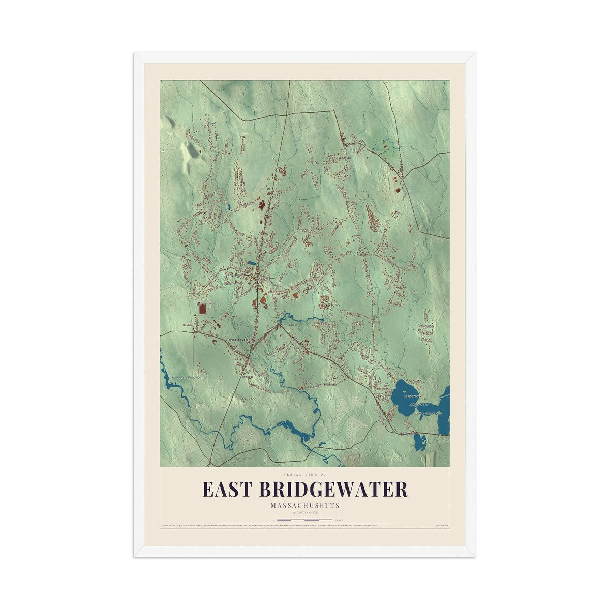 Map of East Bridgewater, Massachusetts, 12 x 18 inch print in a white wood frame