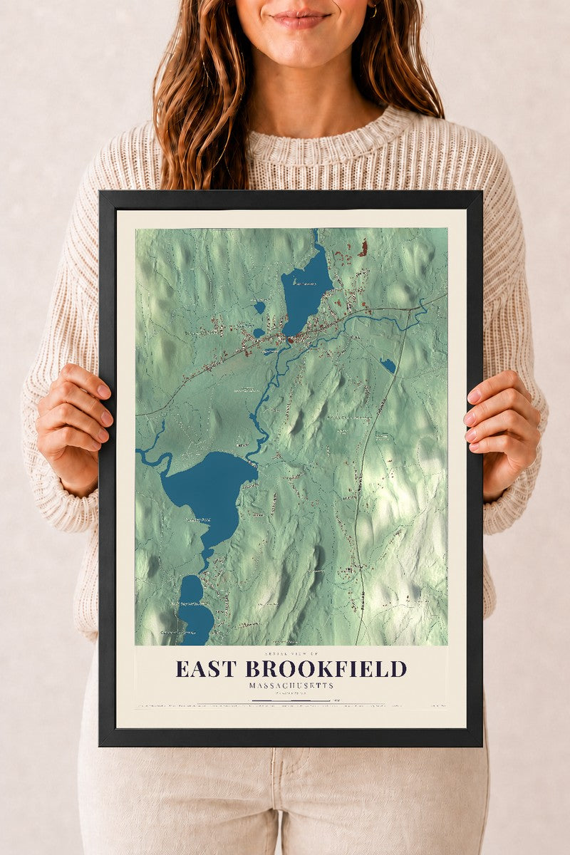 East Brookfield, Massachusetts map print - 12 x 18 black Ayous wood frame