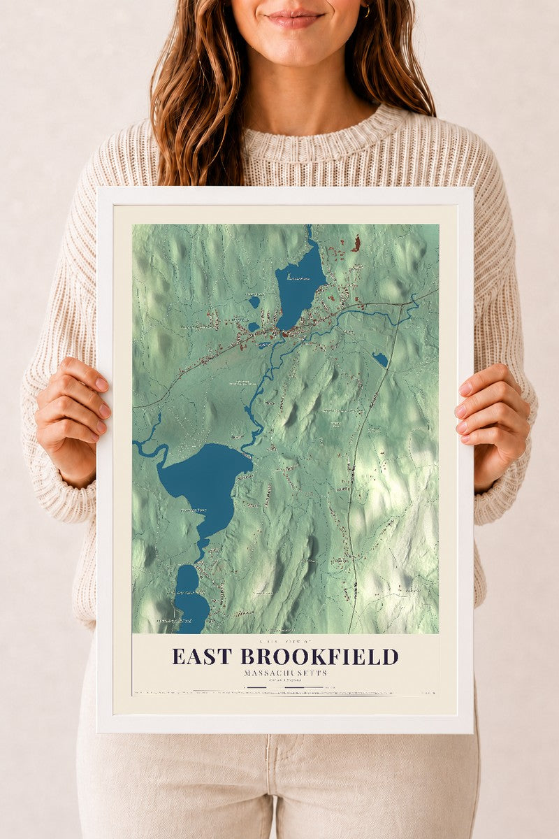 East Brookfield, Massachusetts map print - 12 x 18 white Ayous wood frame