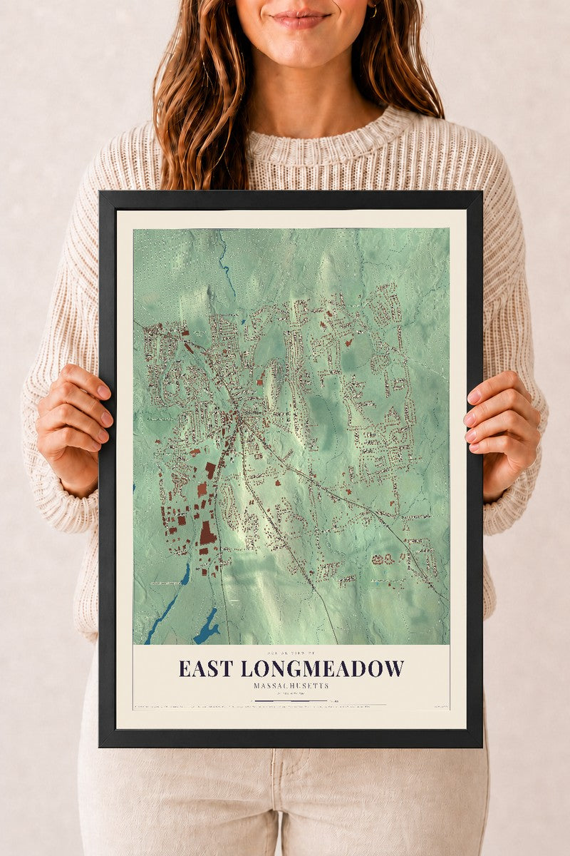 East Longmeadow, Massachusetts map print - 12 x 18 black Ayous wood frame