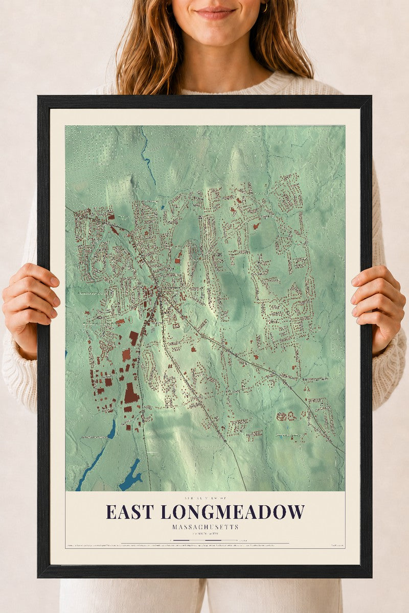 East Longmeadow, Massachusetts map print - 18 x 24 black Ayous wood frame