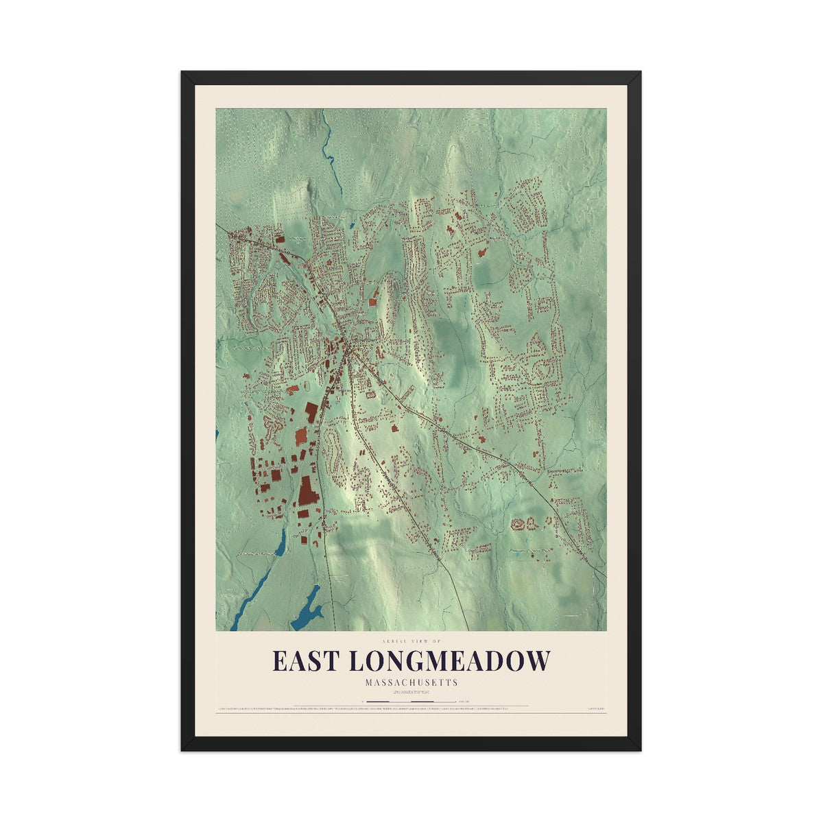 Map of East Longmeadow, Massachusetts, 12 x 18 inch print in a black wood frame
