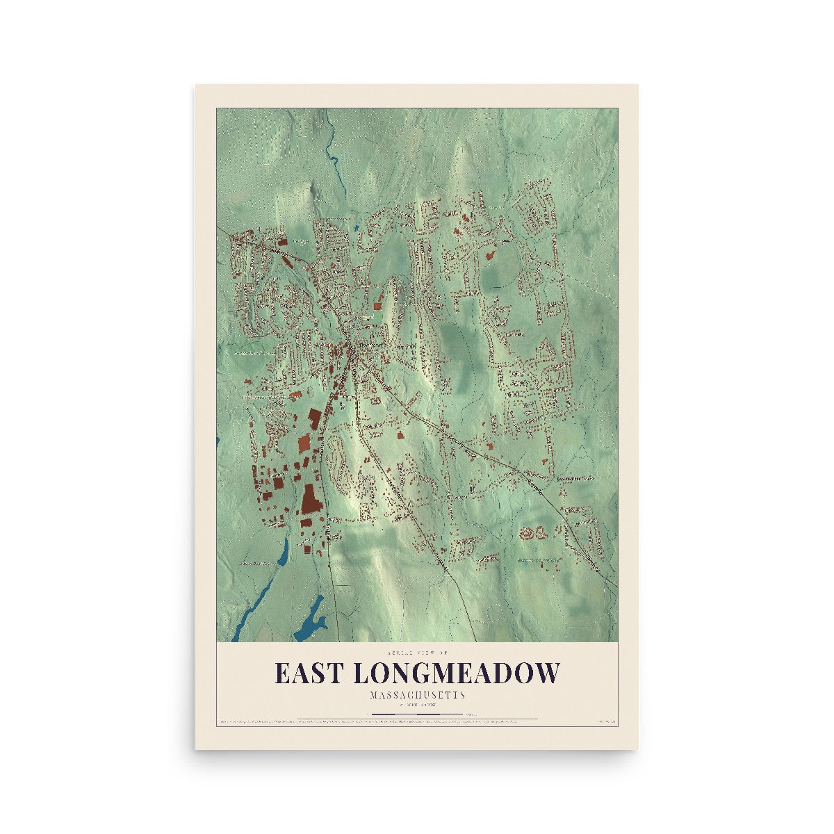Map of East Longmeadow, Massachusetts, 12 x 18 inch unframed archival matte print