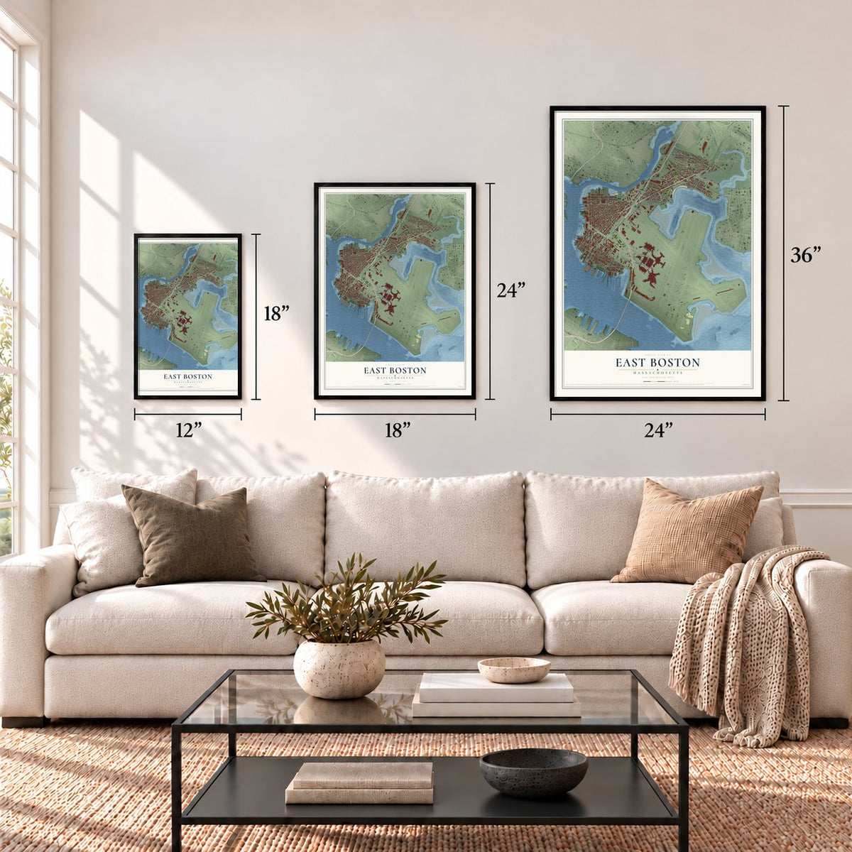 East Boston, Massachusetts map in 12 x 18, 18 x 24 and 24 x 36 inch sizes above a sofa