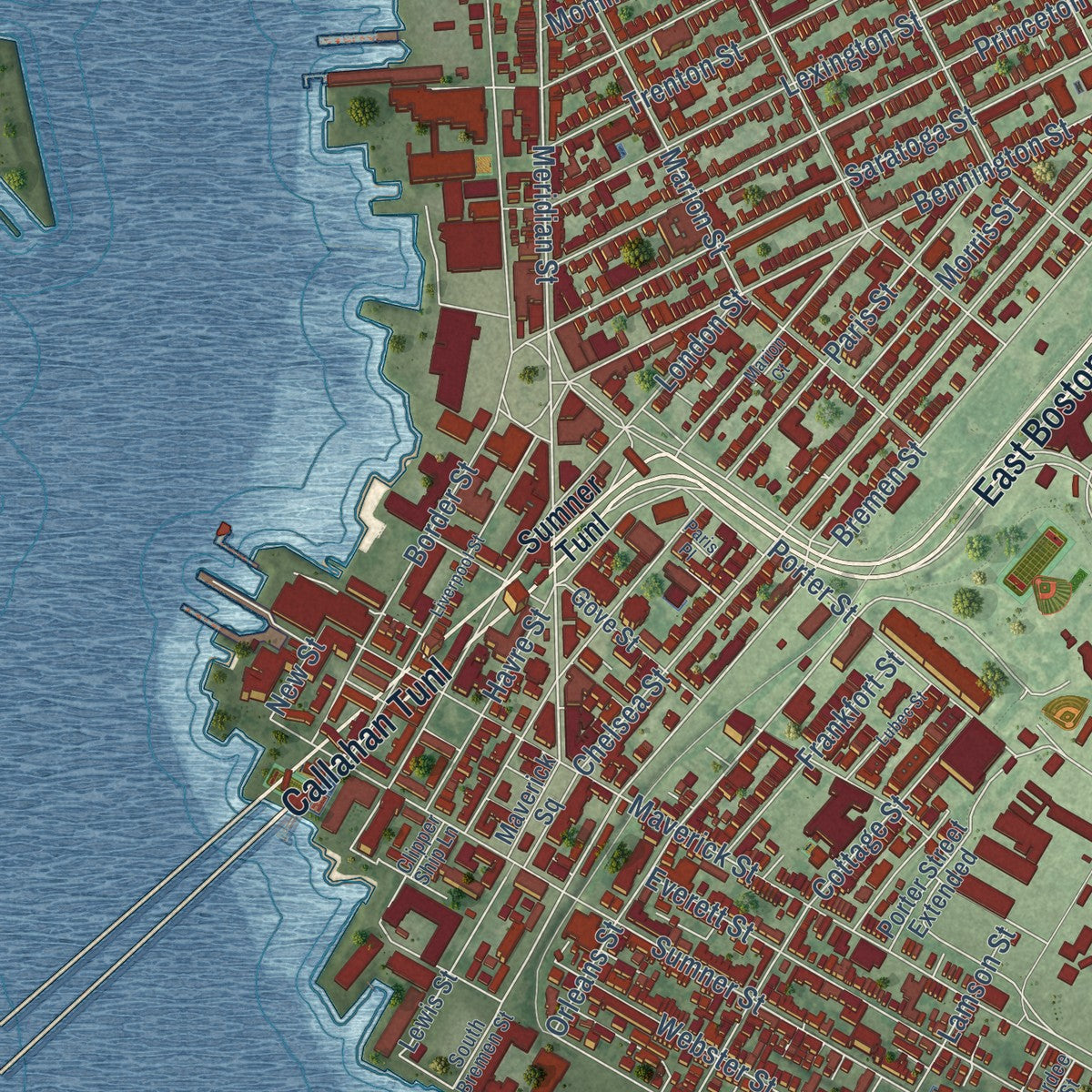 Close-up of the map of East Boston, Massachusetts print showing street and building detail
