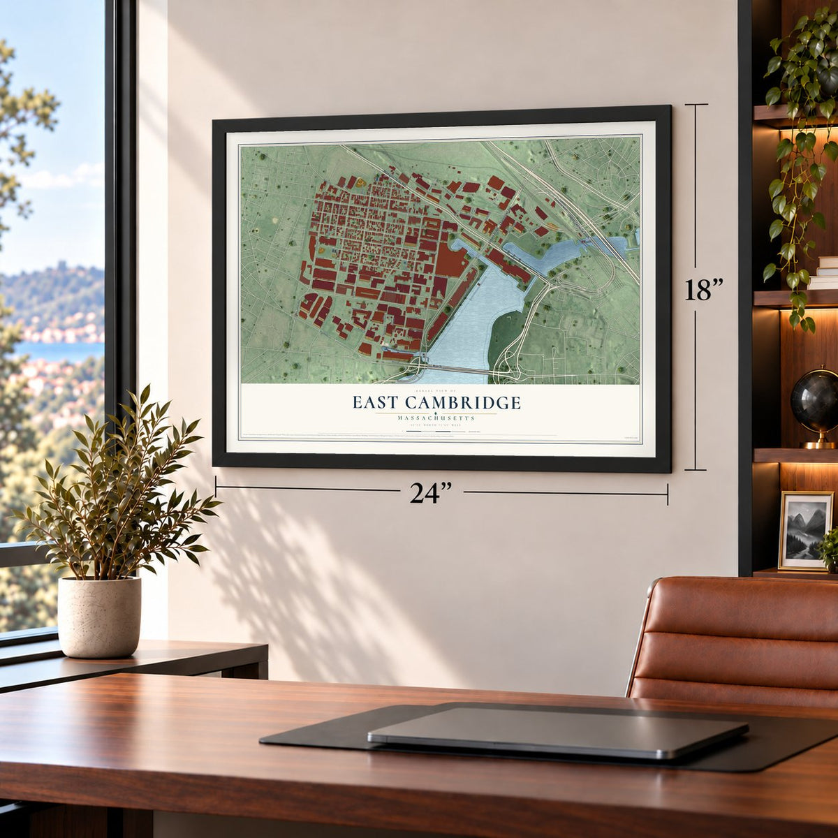 East Cambridge, Massachusetts map, 18 x 24 inch print in a black frame in a home office