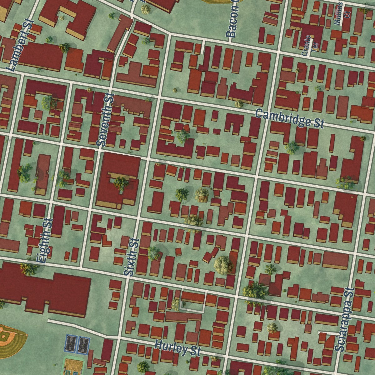 Close-up of the map of East Cambridge, Massachusetts print showing street and building detail