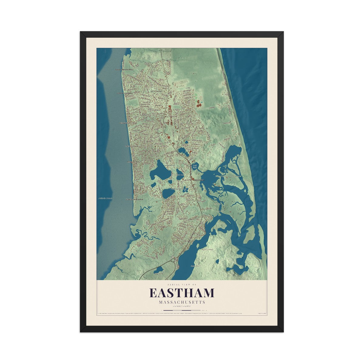 Map of Eastham, Massachusetts, 12 x 18 inch print in a black wood frame
