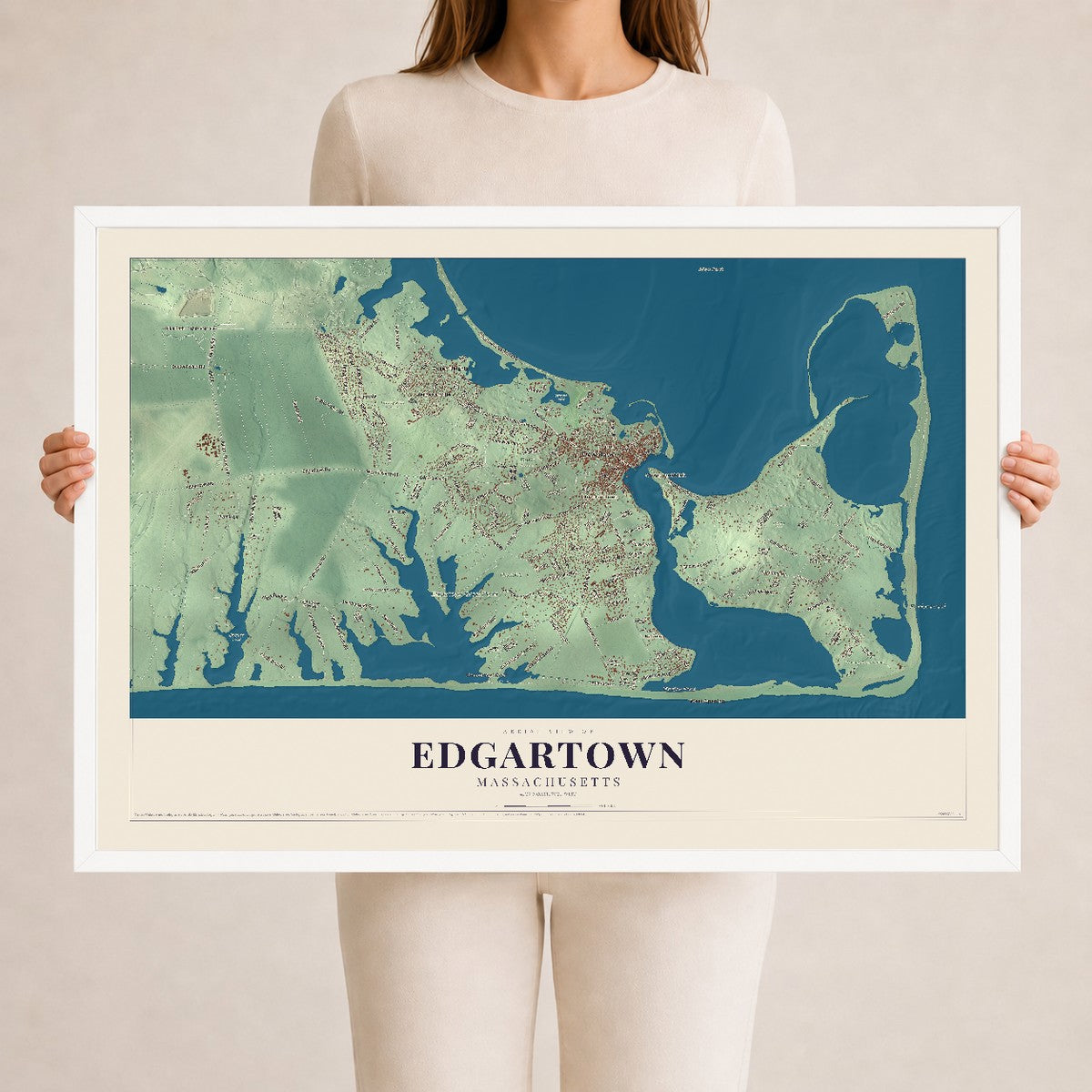 Edgartown, Massachusetts map print - 24 x 36 white Ayous wood frame