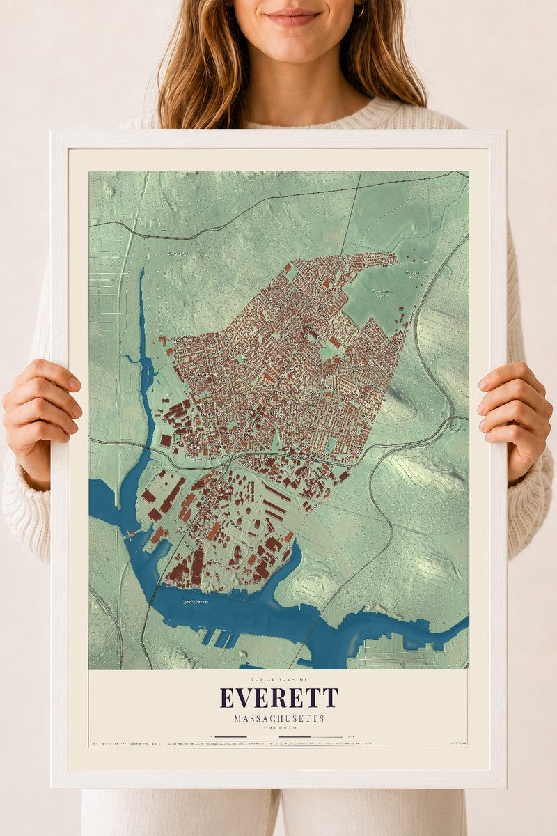 Everett, Massachusetts map print - 18 x 24 white Ayous wood frame
