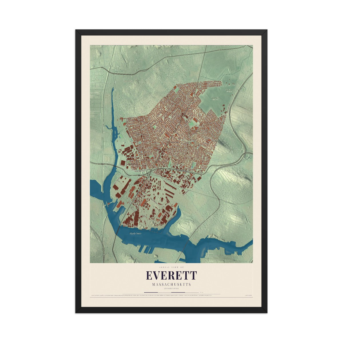 Map of Everett, Massachusetts, 12 x 18 inch print in a black wood frame