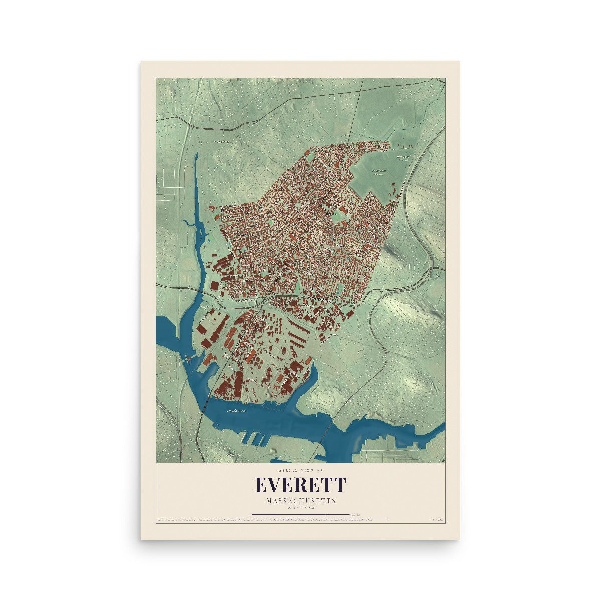 Map of Everett, Massachusetts, 12 x 18 inch unframed archival matte print