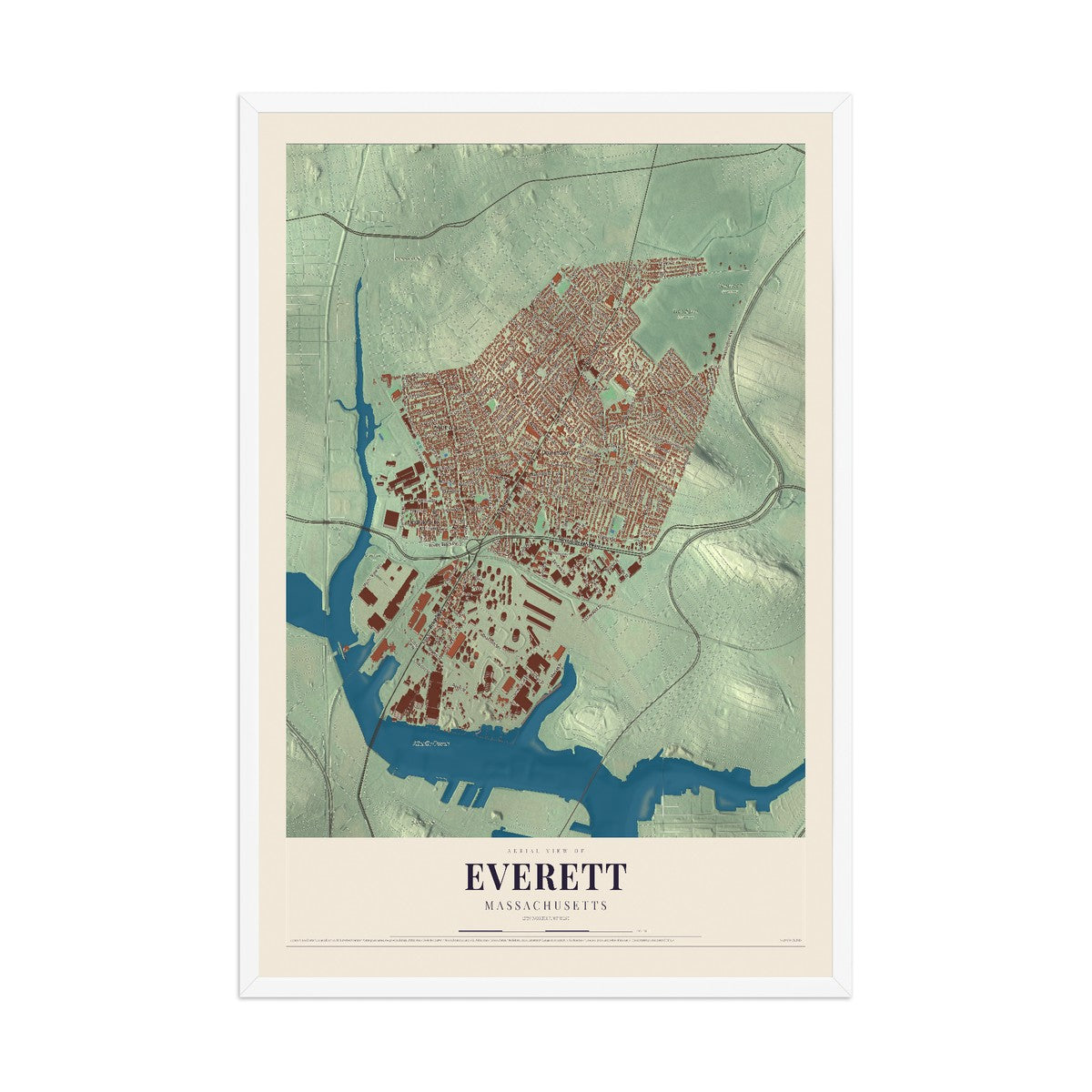 Map of Everett, Massachusetts, 12 x 18 inch print in a white wood frame