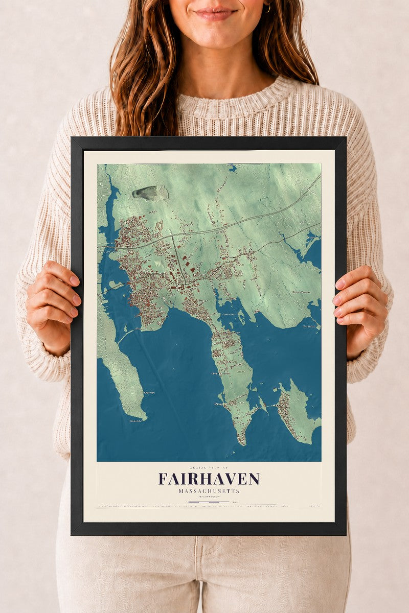 Fairhaven, Massachusetts map print - 12 x 18 black Ayous wood frame