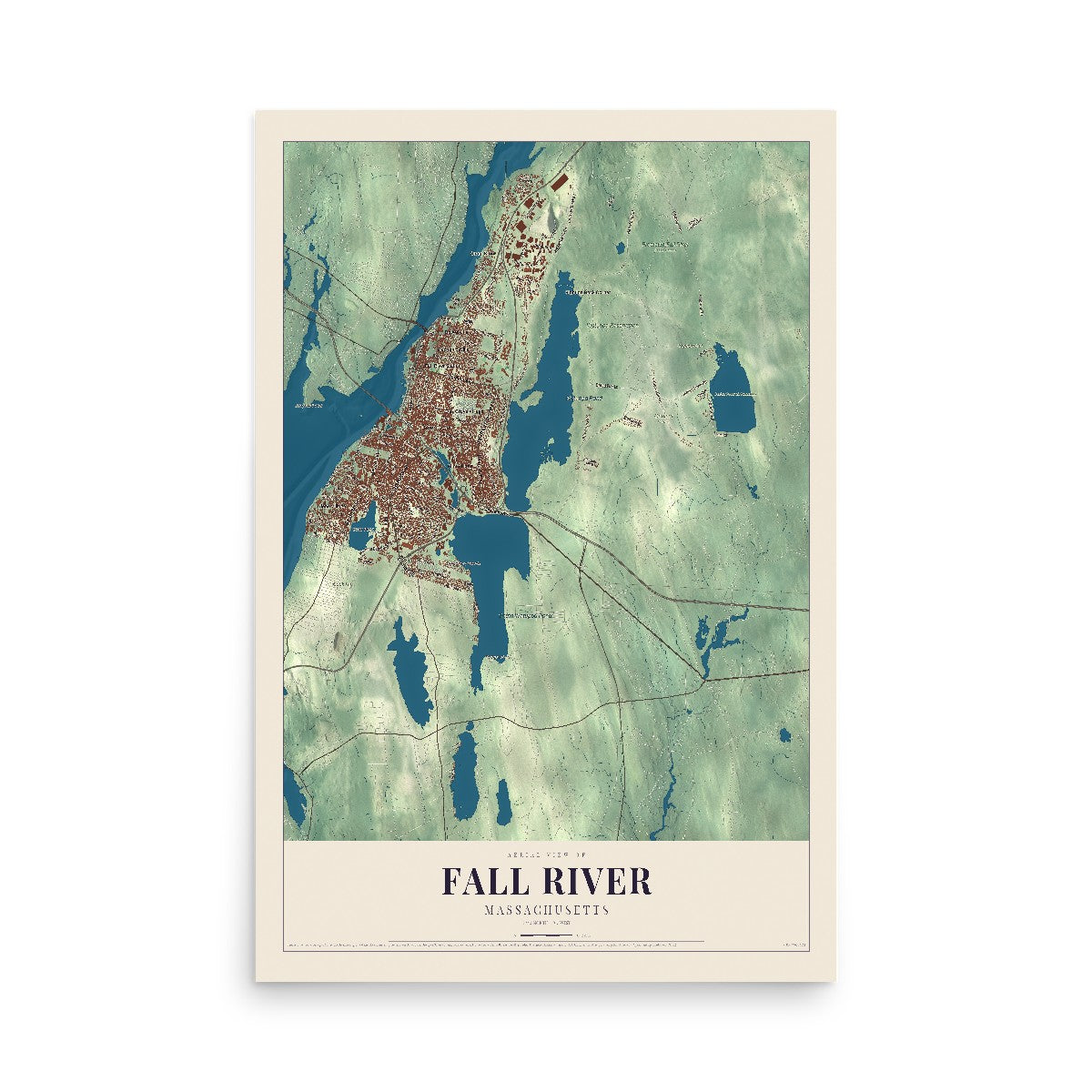 Map of Fall River, Massachusetts, 12 x 18 inch unframed archival matte print