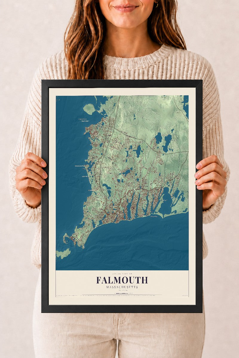 Falmouth, Massachusetts map print - 12 x 18 black Ayous wood frame