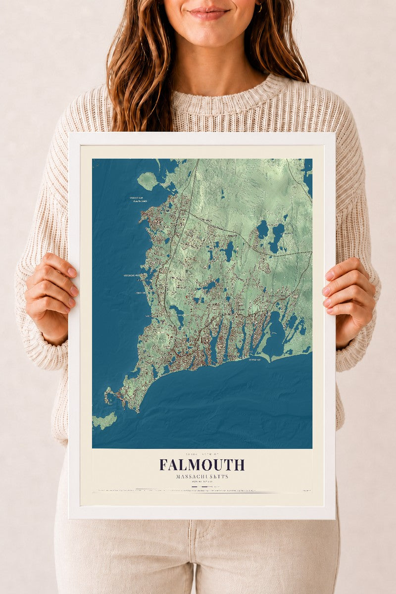 Falmouth, Massachusetts map print - 12 x 18 white Ayous wood frame