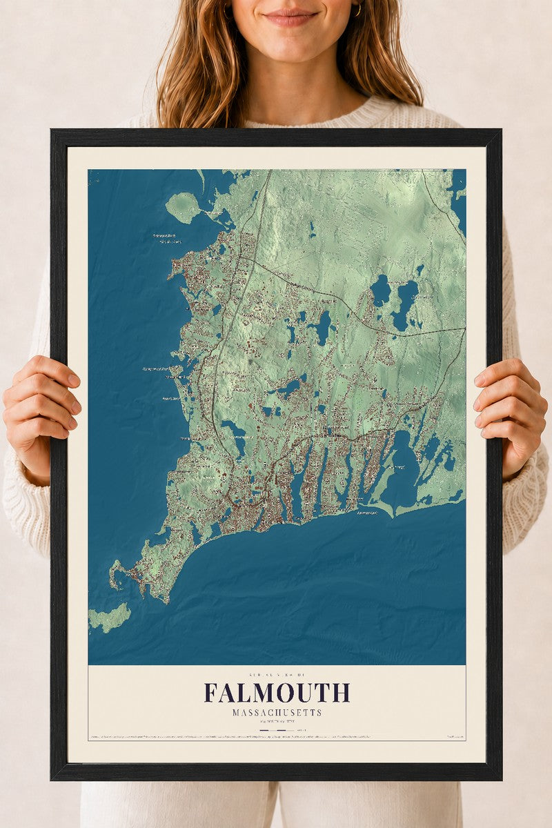 Falmouth, Massachusetts map print - 18 x 24 black Ayous wood frame