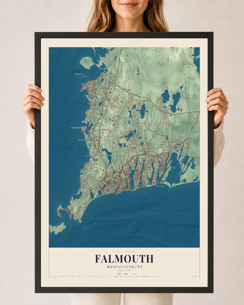 Falmouth, Massachusetts map print - 24 x 36 black Ayous wood frame