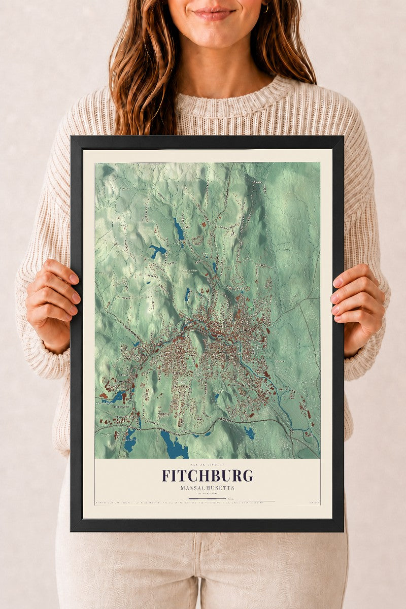 Fitchburg, Massachusetts map print - 12 x 18 black Ayous wood frame
