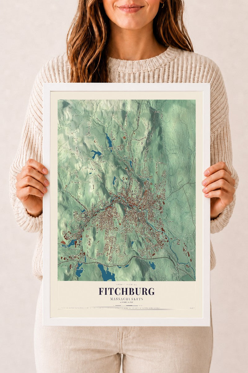 Fitchburg, Massachusetts map print - 12 x 18 white Ayous wood frame