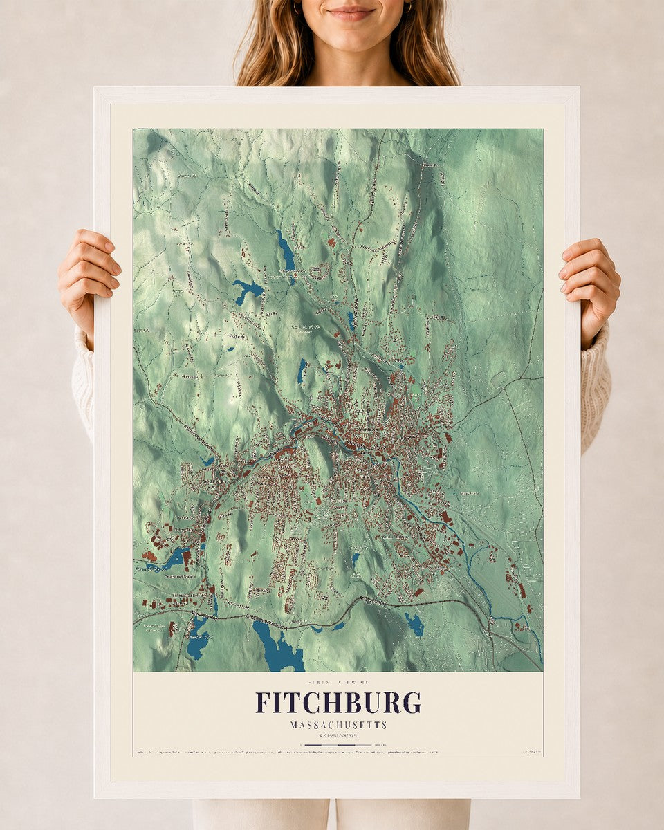 Fitchburg, Massachusetts map print - 24 x 36 white Ayous wood frame