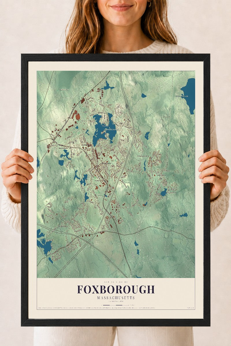 Foxborough, Massachusetts map print - 18 x 24 black Ayous wood frame