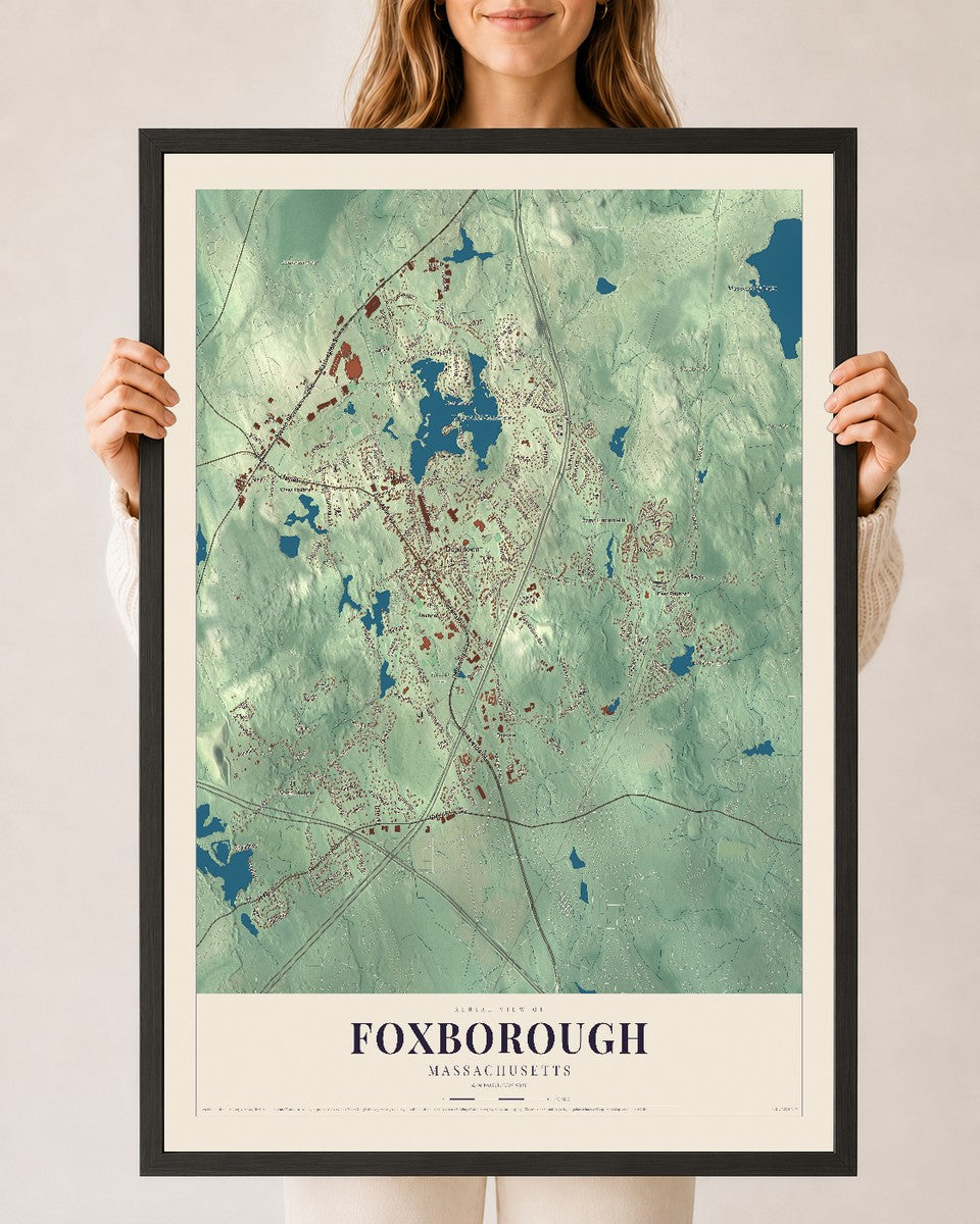 Foxborough, Massachusetts map print - 24 x 36 black Ayous wood frame