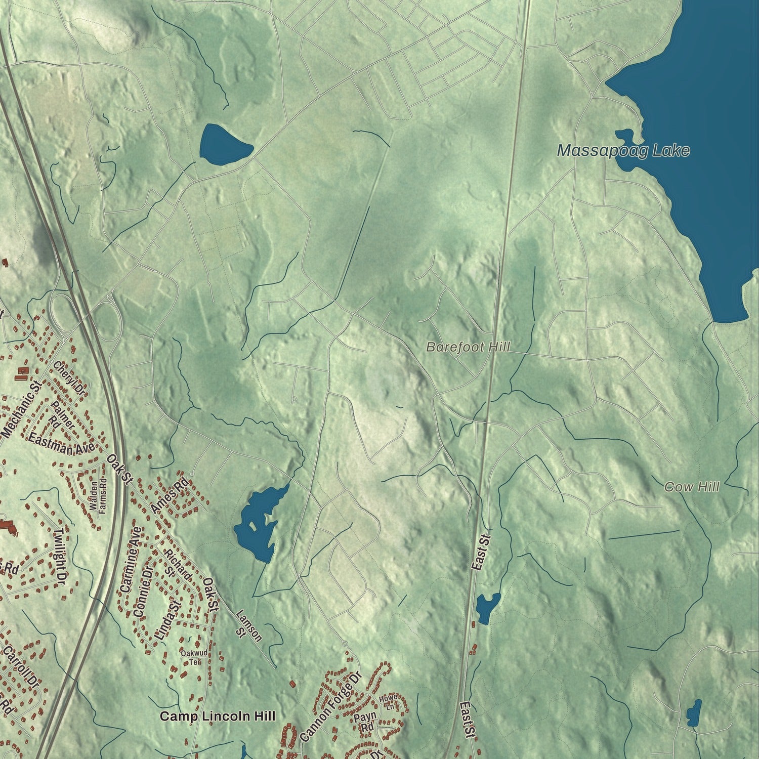 Terrain and local geography detail from the Foxborough, Massachusetts map