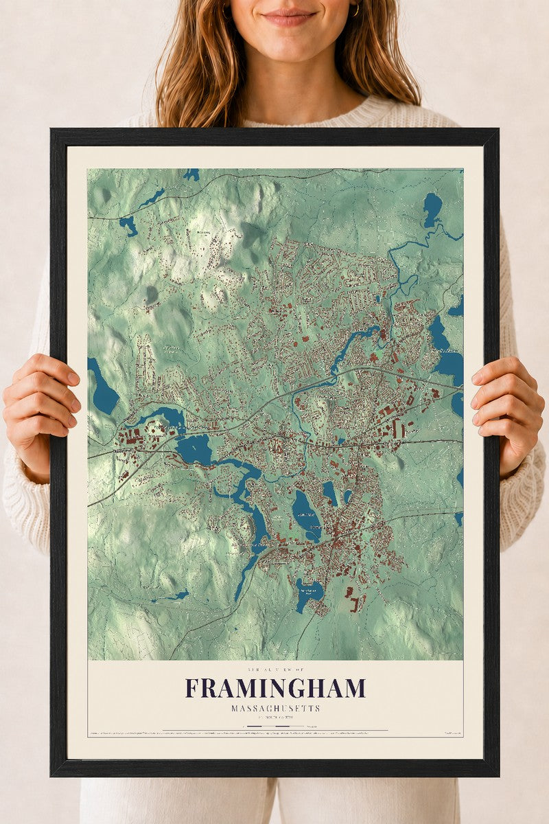 Framingham, Massachusetts map print - 18 x 24 black Ayous wood frame