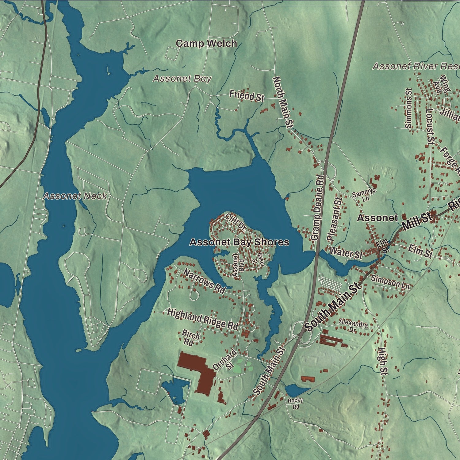 Terrain and local geography detail from the Freetown, Massachusetts map