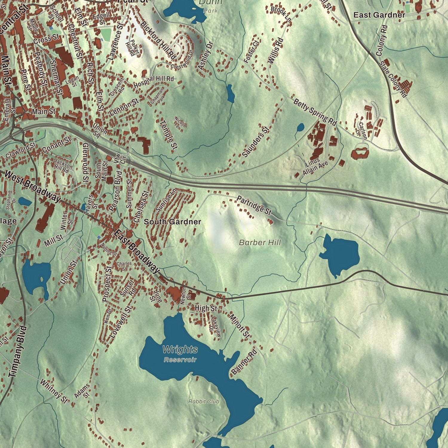 Terrain and local geography detail from the Gardner, Massachusetts map
