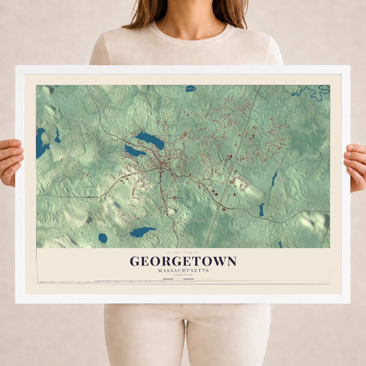 Georgetown, Massachusetts map print - 18 x 24 white Ayous wood frame