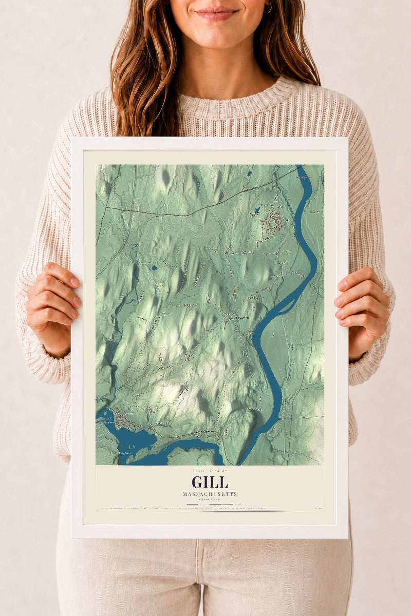 Gill, Massachusetts map print - 12 x 18 white Ayous wood frame