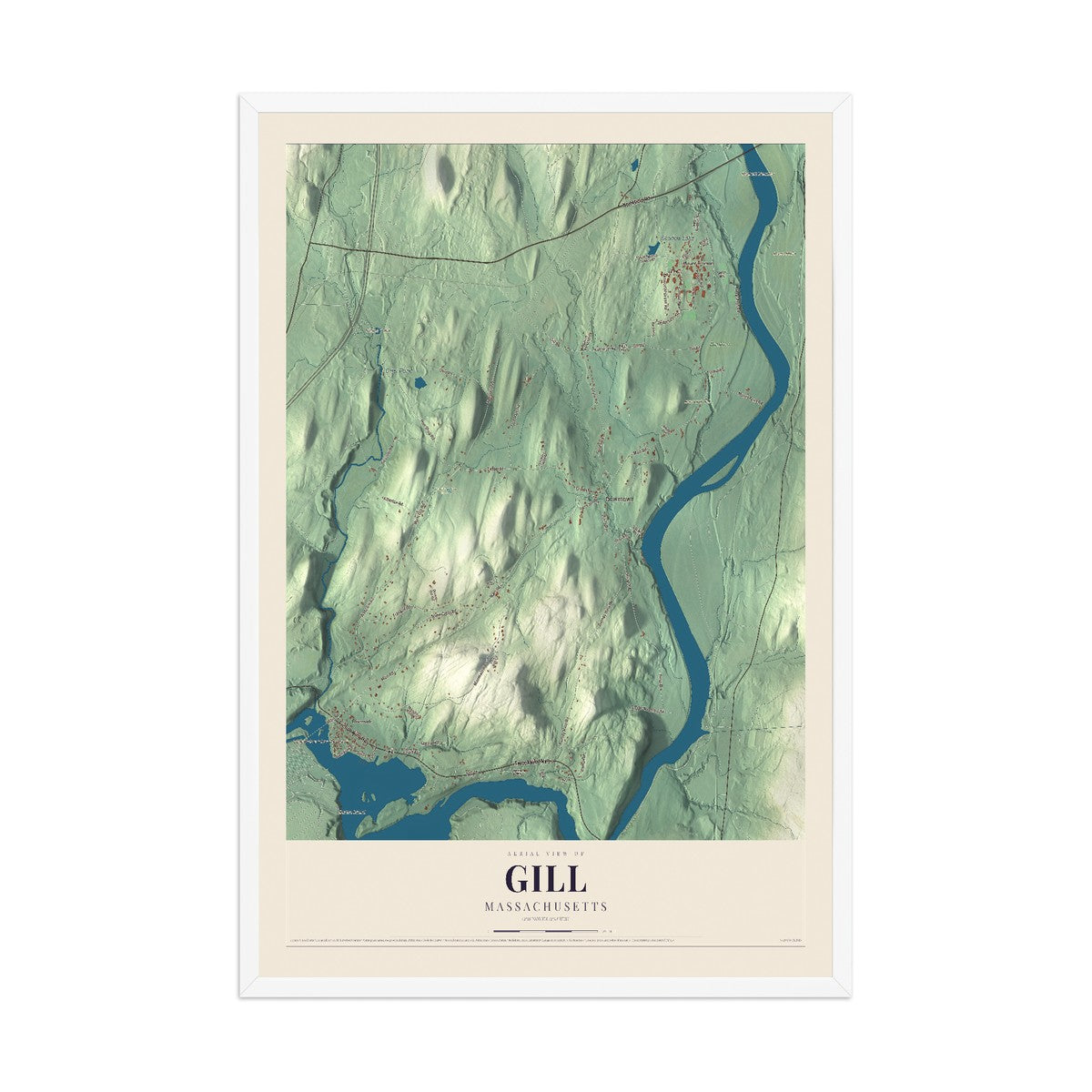 Map of Gill, Massachusetts, 12 x 18 inch print in a white wood frame