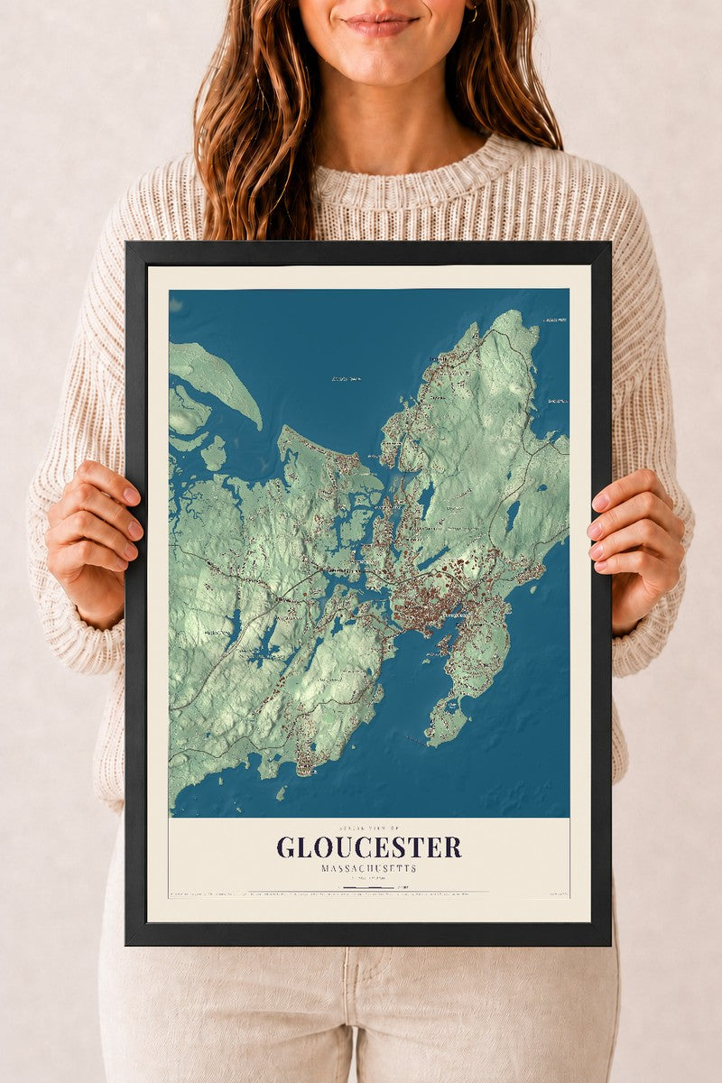 Gloucester, Massachusetts map print - 12 x 18 black Ayous wood frame