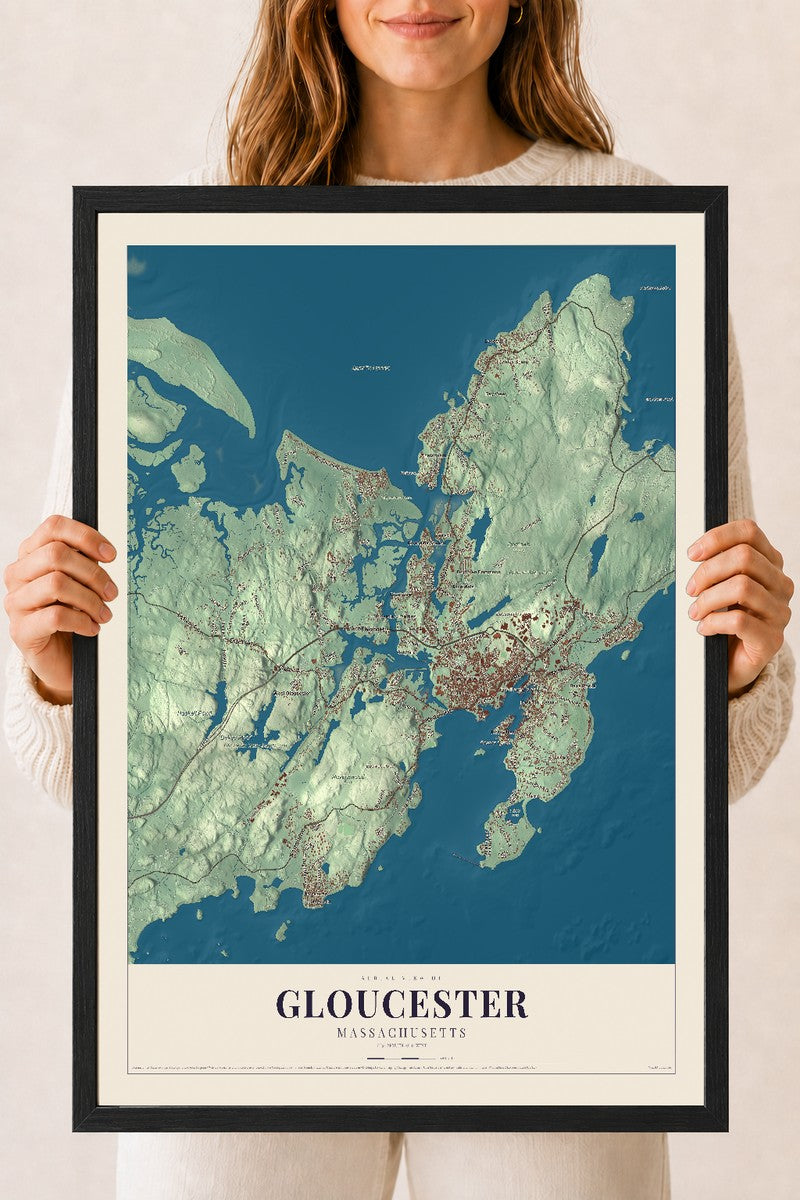 Gloucester, Massachusetts map print - 18 x 24 black Ayous wood frame