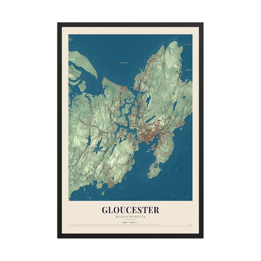Map of Gloucester, Massachusetts, 12 x 18 inch print in a black wood frame