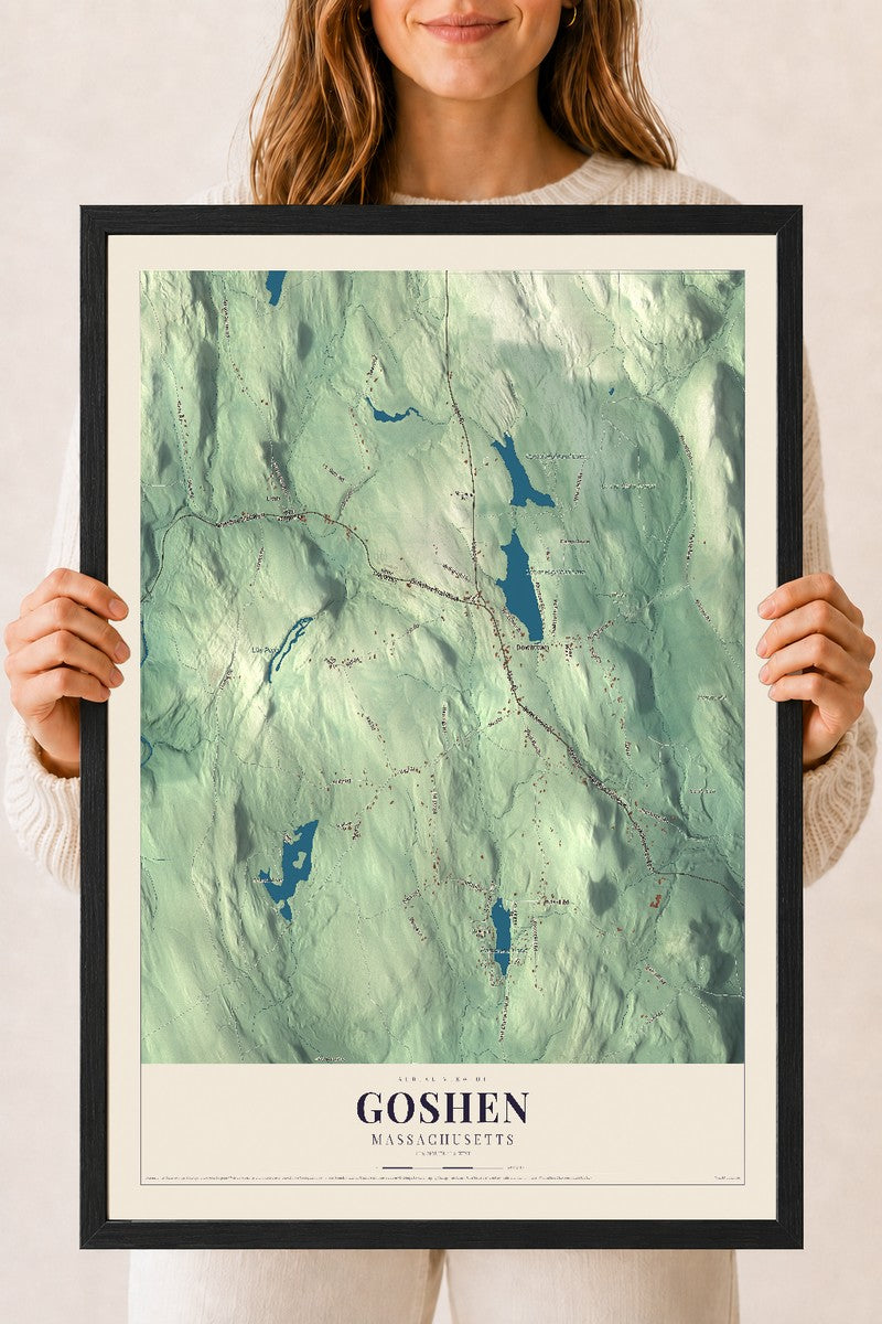 Goshen, Massachusetts map print - 18 x 24 black Ayous wood frame