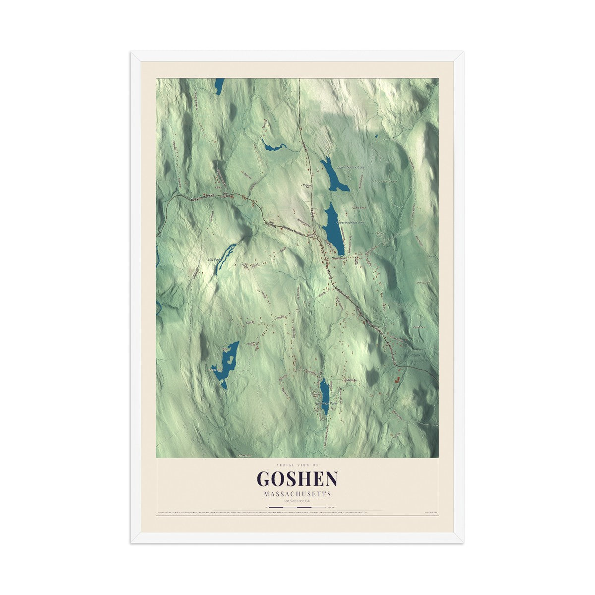 Map of Goshen, Massachusetts, 12 x 18 inch print in a white wood frame