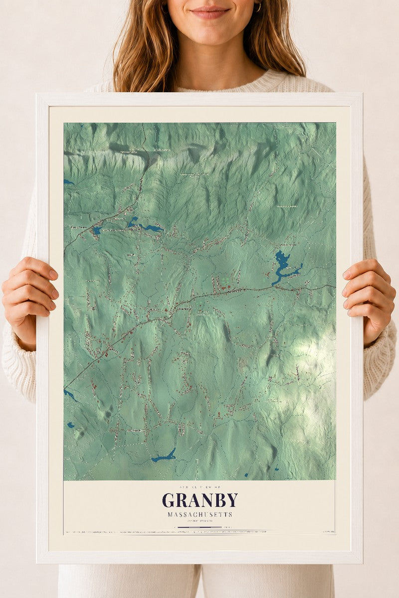 Granby, Massachusetts map print - 18 x 24 white Ayous wood frame