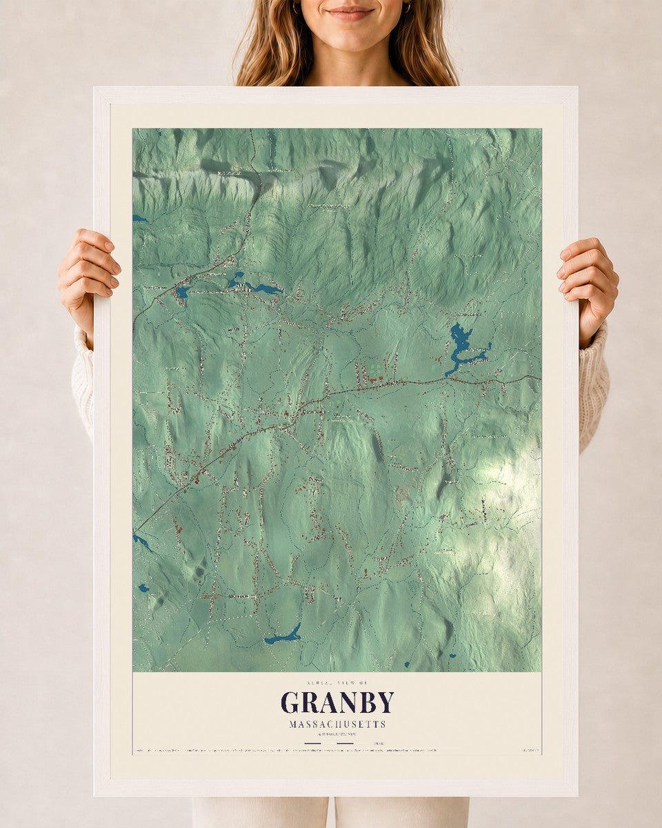 Granby, Massachusetts map print - 24 x 36 white Ayous wood frame
