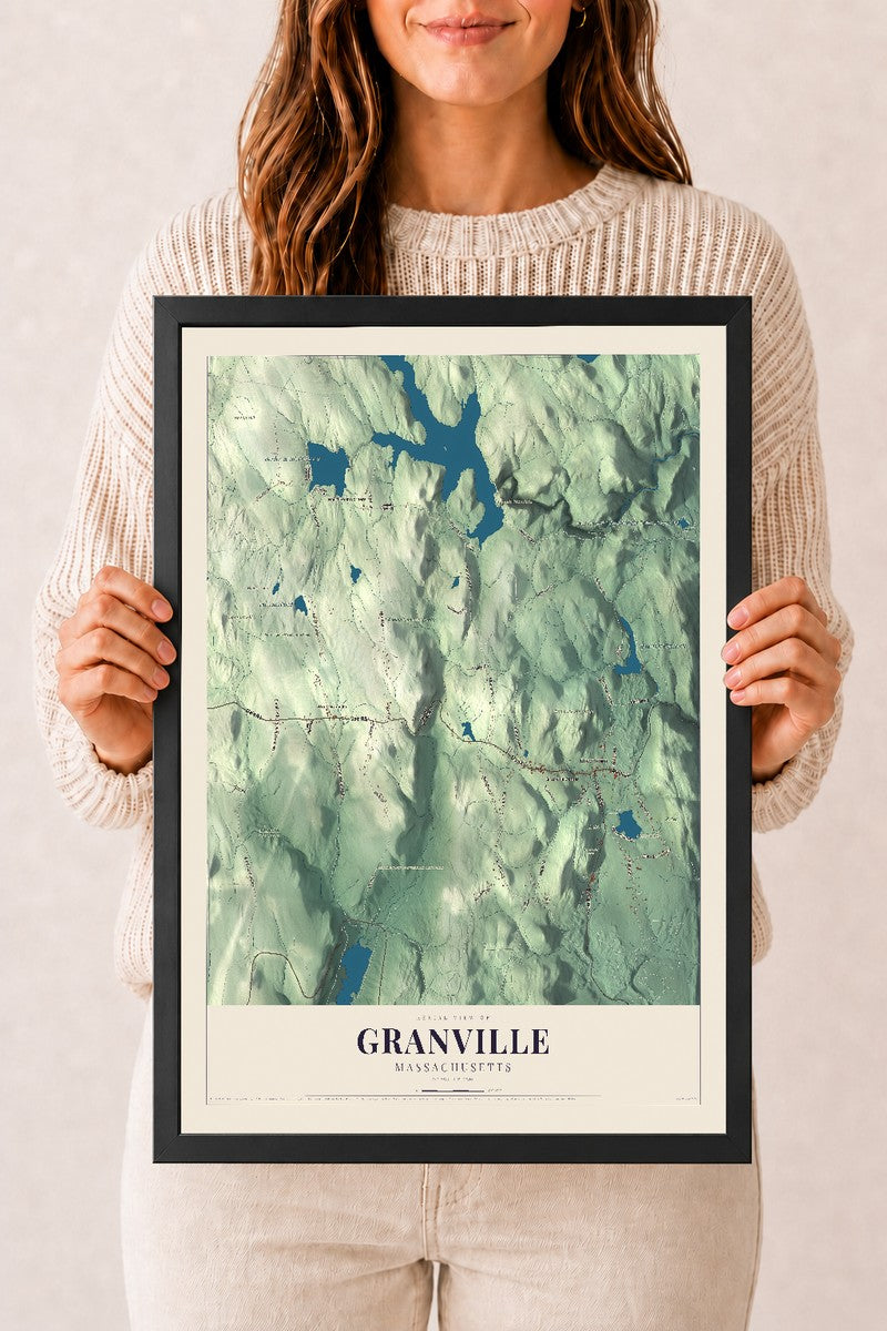 Granville, Massachusetts map print - 12 x 18 black Ayous wood frame