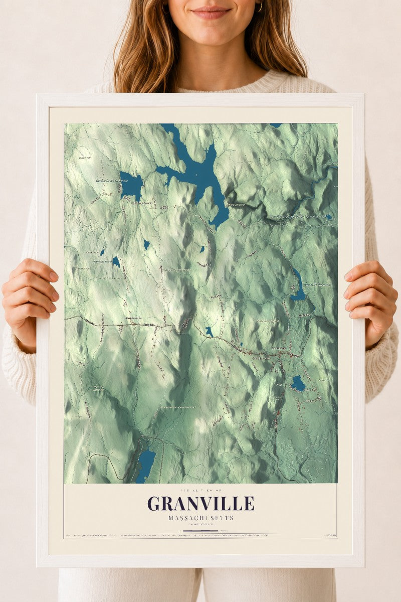 Granville, Massachusetts map print - 18 x 24 white Ayous wood frame