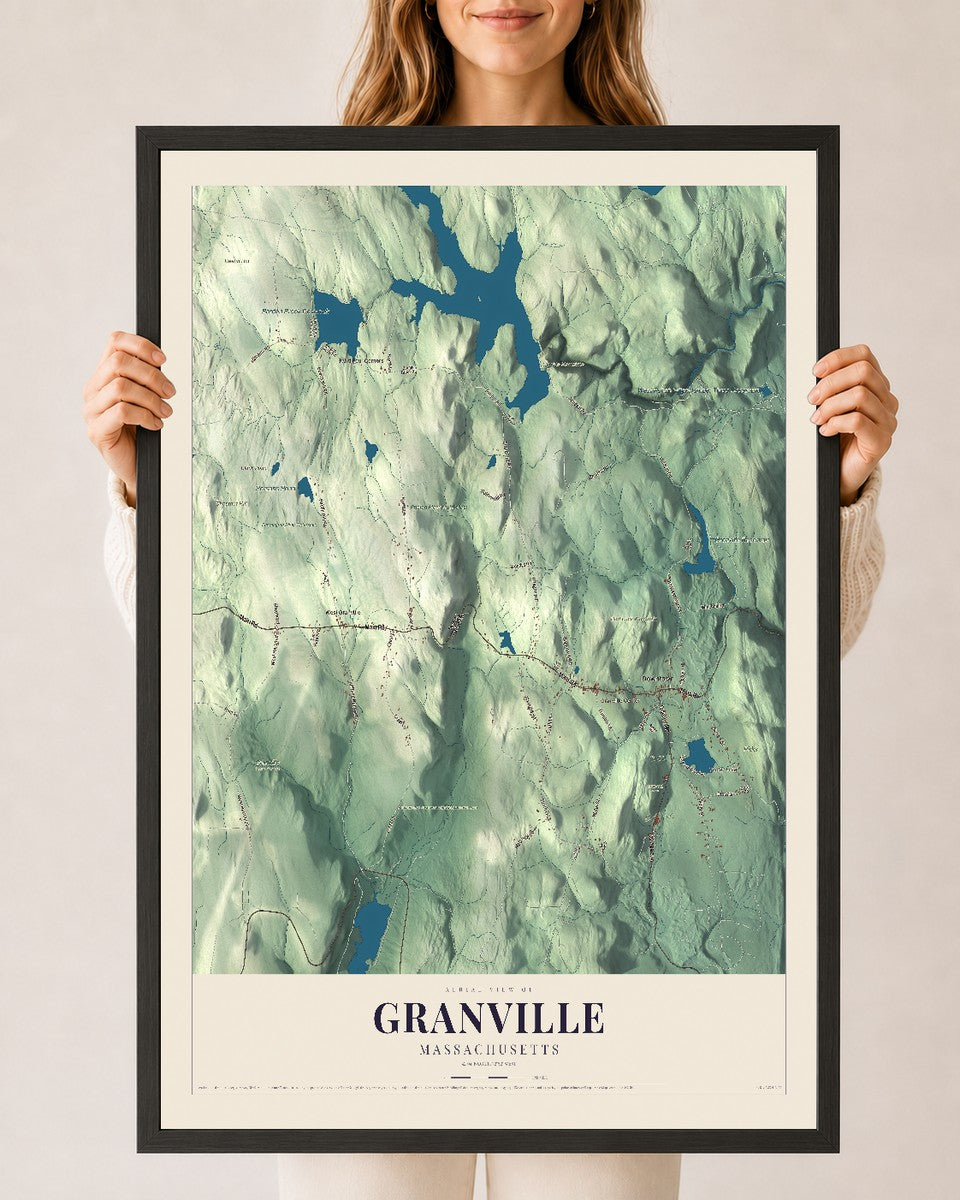 Granville, Massachusetts map print - 24 x 36 black Ayous wood frame