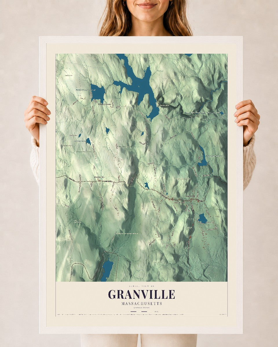 Granville, Massachusetts map print - 24 x 36 white Ayous wood frame